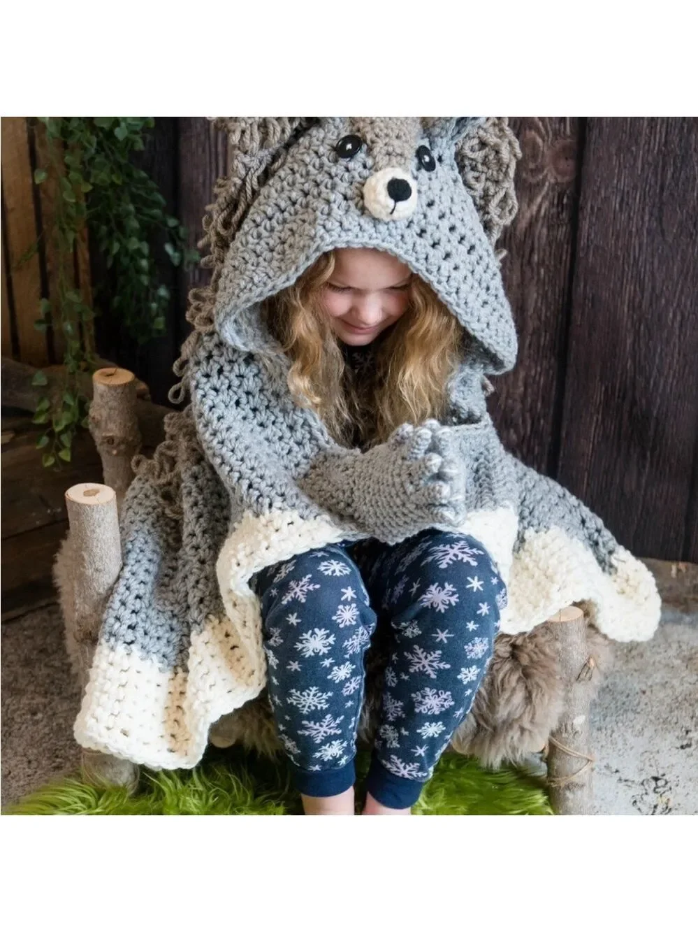 HAND MADE Kids Crochet Animal Squirrel Hooded Blanket Grey Black White Tan